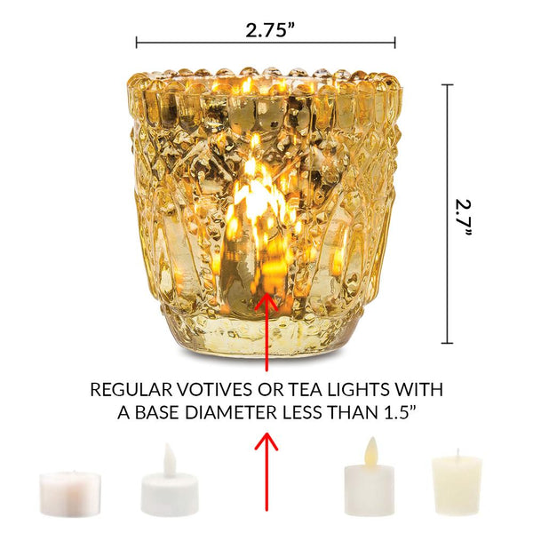 Faceted Vintage Mercury Glass Candle Holder (2.75-Inch, Lillian Design, Gold) - For Use with Tea Lights - For Home Decor, Parties and Wedding Decorations - PaperLanternStore.com - Paper Lanterns, Decor, Party Lights & More