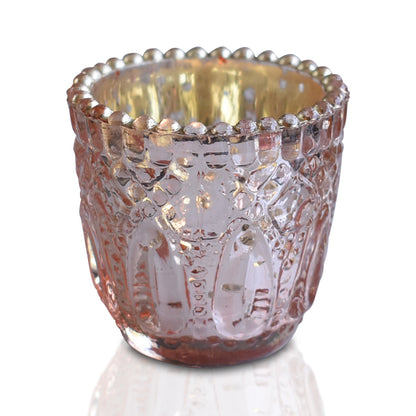 4-PACK | Faceted Vintage Mercury Glass Candle Holder (2.75-Inch, Lillian Design, Rose Gold Pink) - For Use with Tea Lights - For Home Decor and Wedding Decorations