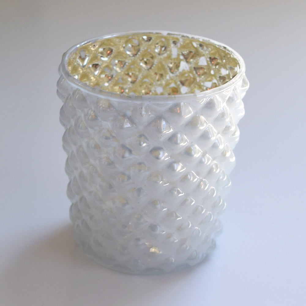 6 Pack | Vintage Mercury Glass Tealight Candle Holders (2.5-Inch, Zariah Design, Pearl White) - For Use with Tea Lights - For Home Decor, Parties and Wedding Decorations