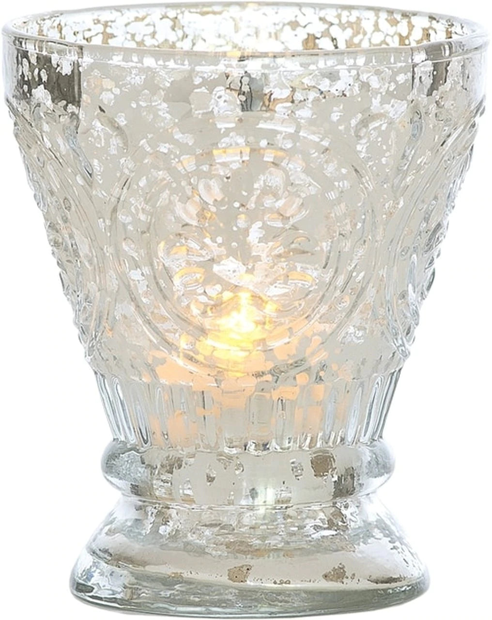 2-PACK | Vintage Mercury Glass Candle Holder (4-Inch, Rosemary Design, Silver) - For Use with Tea Lights - For Home Decor, Parties, and Wedding Decorations