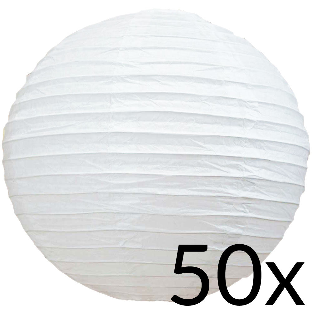 BULK PACK (50) 14" White Round Paper Lanterns, Even Ribbing, Hanging Decoration - PaperLanternStore.com - Paper Lanterns, Decor, Party Lights & More