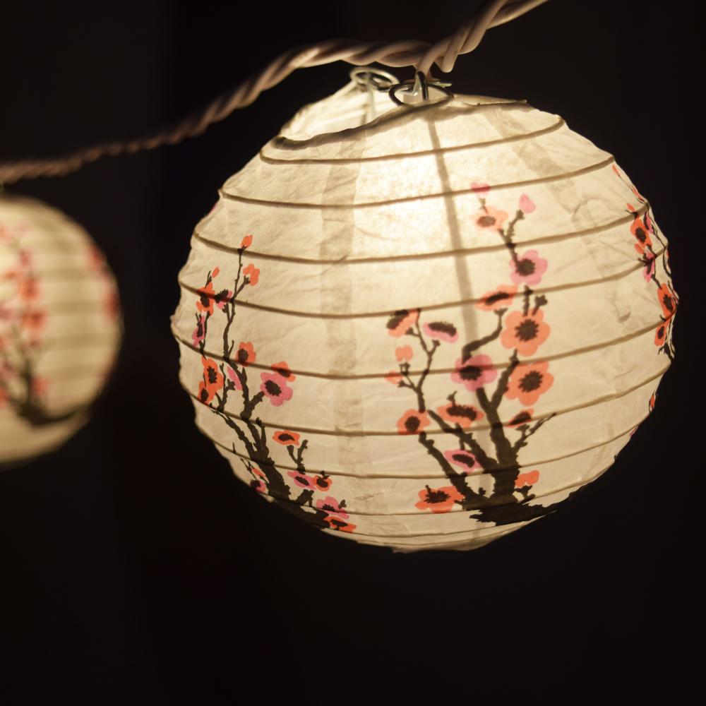 10 Socket Cherry Blossom / Sakura Round Paper Lantern Party String Lights (4" Lanterns, Expandable) - AsianImportStore.com - B2B Wholesale Lighting & Decor since 2002