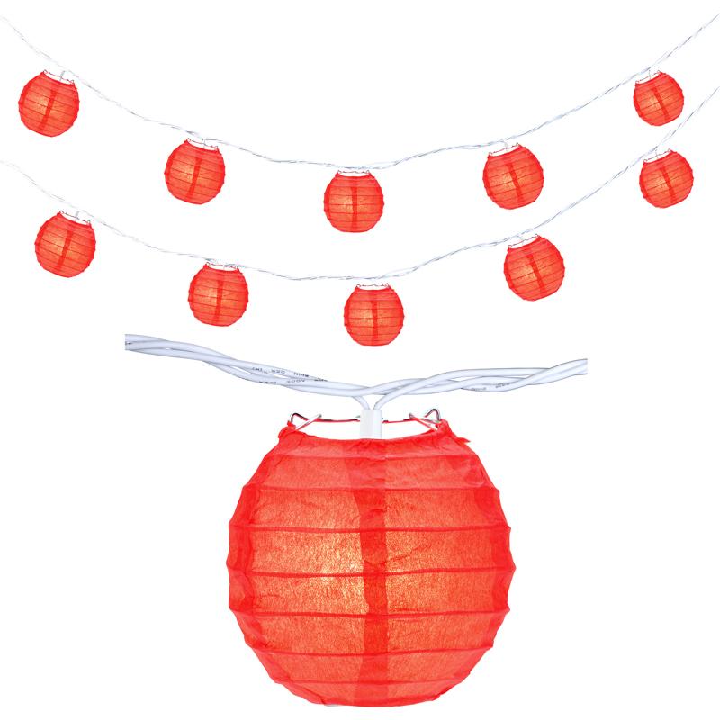 10 Socket Red Round Paper Lantern Party String Lights (4" Lanterns, Expandable) - AsianImportStore.com - B2B Wholesale Lighting & Decor since 2002