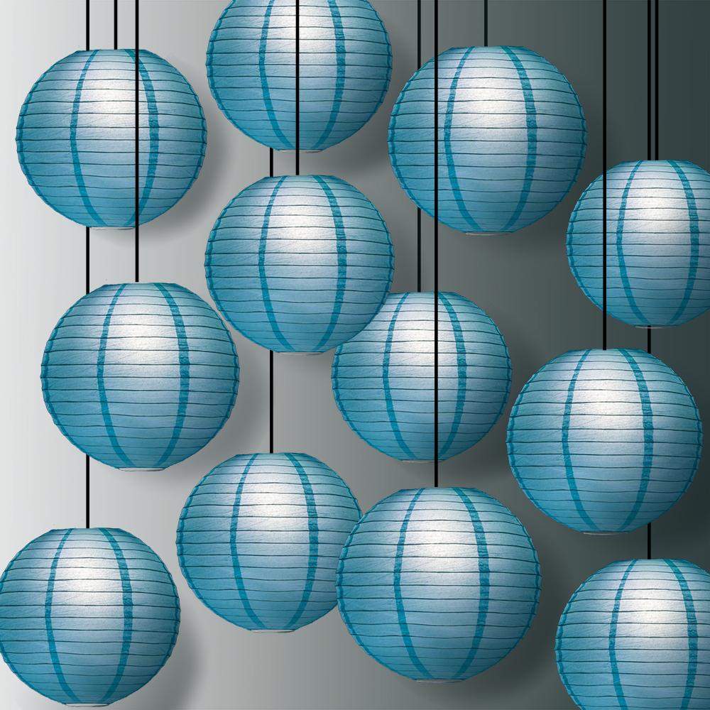 12 PACK | 12" Baby Blue Even Ribbing Round Paper Lantern, Hanging Combo Set - AsianImportStore.com - B2B Wholesale Lighting and Decor