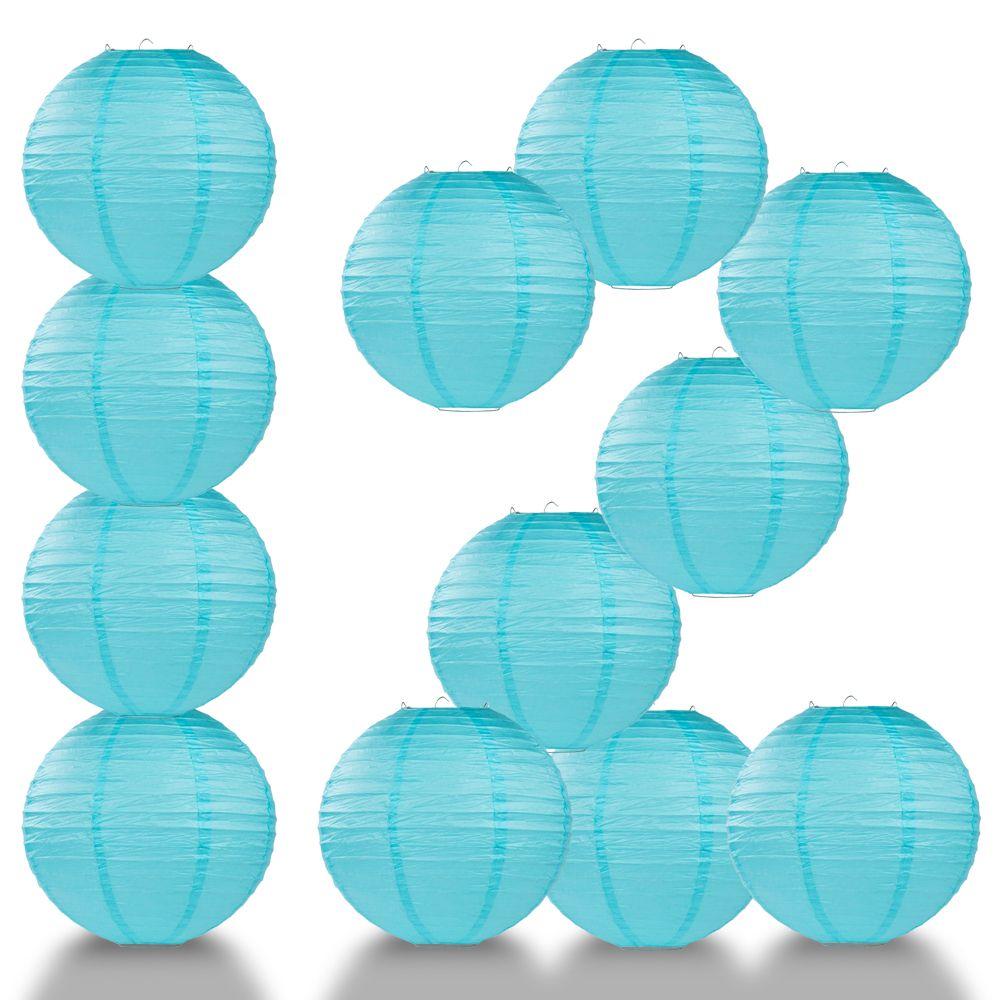 12 PACK | 12" Baby Blue Even Ribbing Round Paper Lantern, Hanging Combo Set - AsianImportStore.com - B2B Wholesale Lighting and Decor