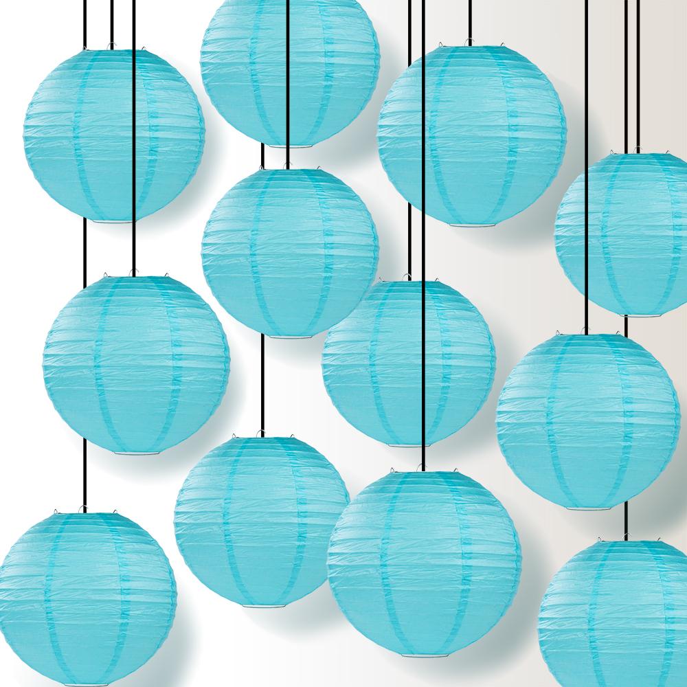 12 PACK | 12" Baby Blue Even Ribbing Round Paper Lantern, Hanging Combo Set - AsianImportStore.com - B2B Wholesale Lighting and Decor