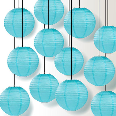 12 PACK | 12" Baby Blue Even Ribbing Round Paper Lantern, Hanging Combo Set - AsianImportStore.com - B2B Wholesale Lighting and Decor