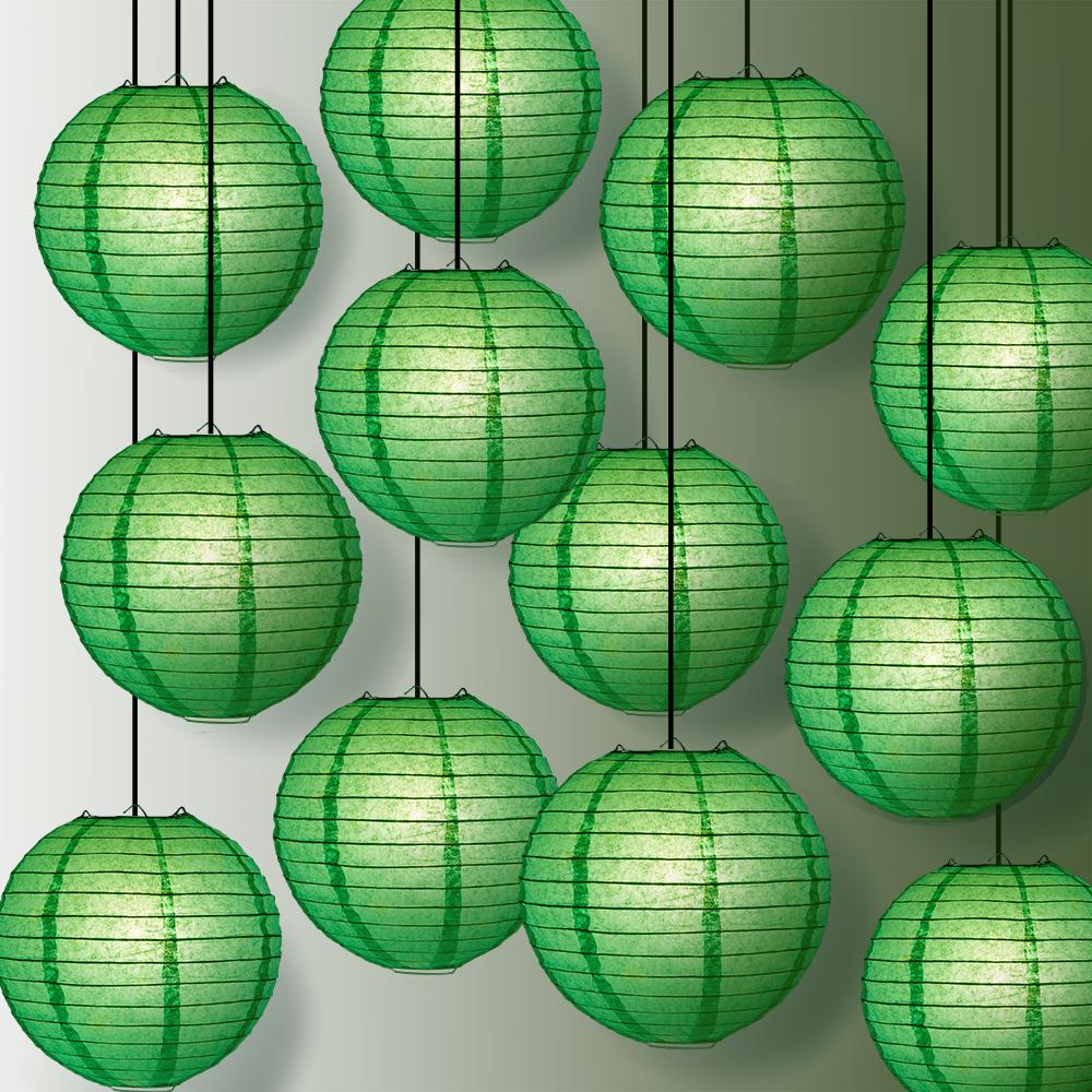 12 PACK | 12" Emerald Green Even Ribbing Round Paper Lantern, Hanging Combo Set - AsianImportStore.com - B2B Wholesale Lighting and Decor