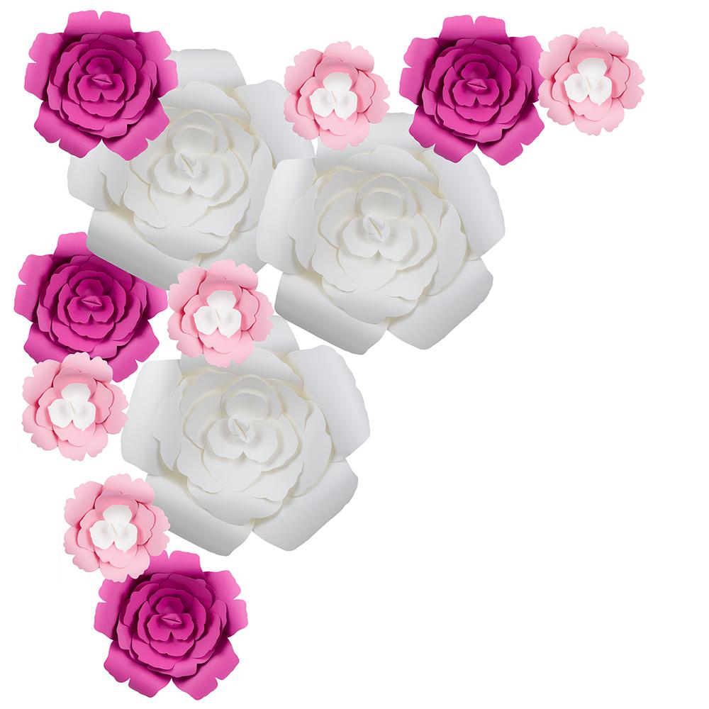  12-Pc Combo White / Hot Pink Rose Paper Flower Backdrop Wall Decor for Weddings, Photo Shoots, Birthday Parties and More - AsianImportStore.com - B2B Wholesale Lighting and Decor