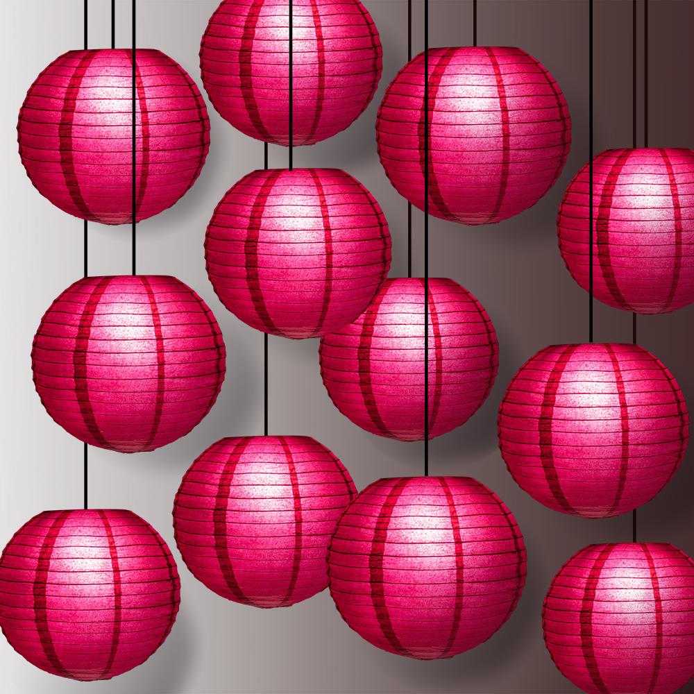 12 PACK | 12" Velvet Red Even Ribbing Round Paper Lantern, Hanging Combo Set - AsianImportStore.com - B2B Wholesale Lighting and Decor