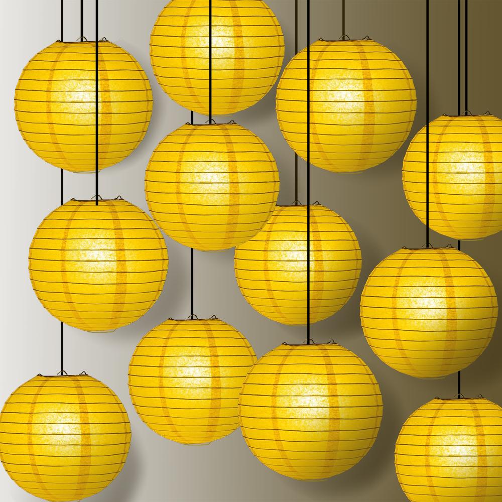  12 PACK | 12" Yellow-Orange Even Ribbing Round Paper Lantern, Hanging Combo Set - AsianImportStore.com - B2B Wholesale Lighting and Decor