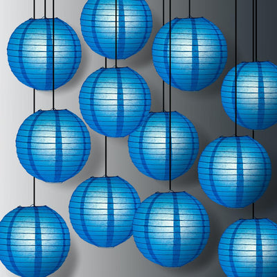 12 PACK | 12" Turquoise Blue Even Ribbing Round Paper Lantern, Hanging Combo Set - AsianImportStore.com - B2B Wholesale Lighting and Decor