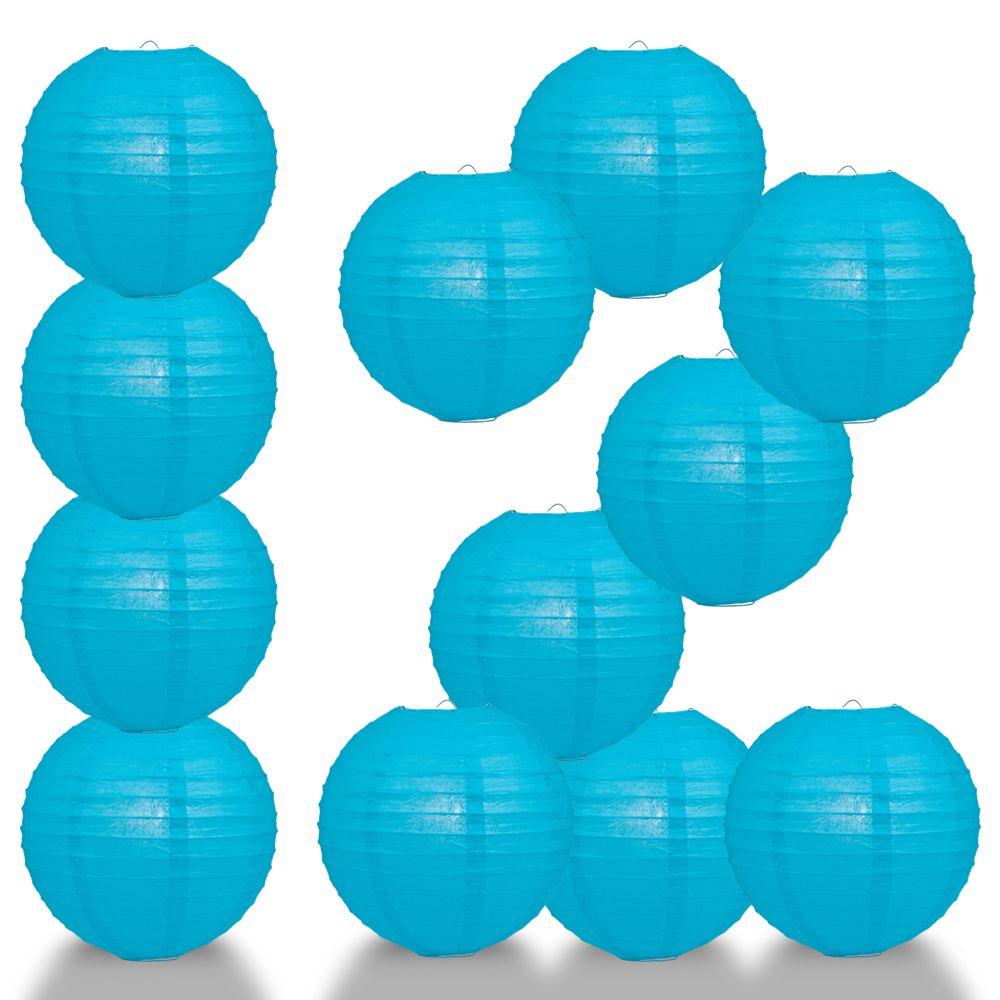 12 PACK | 12" Turquoise Blue Even Ribbing Round Paper Lantern, Hanging Combo Set - AsianImportStore.com - B2B Wholesale Lighting and Decor