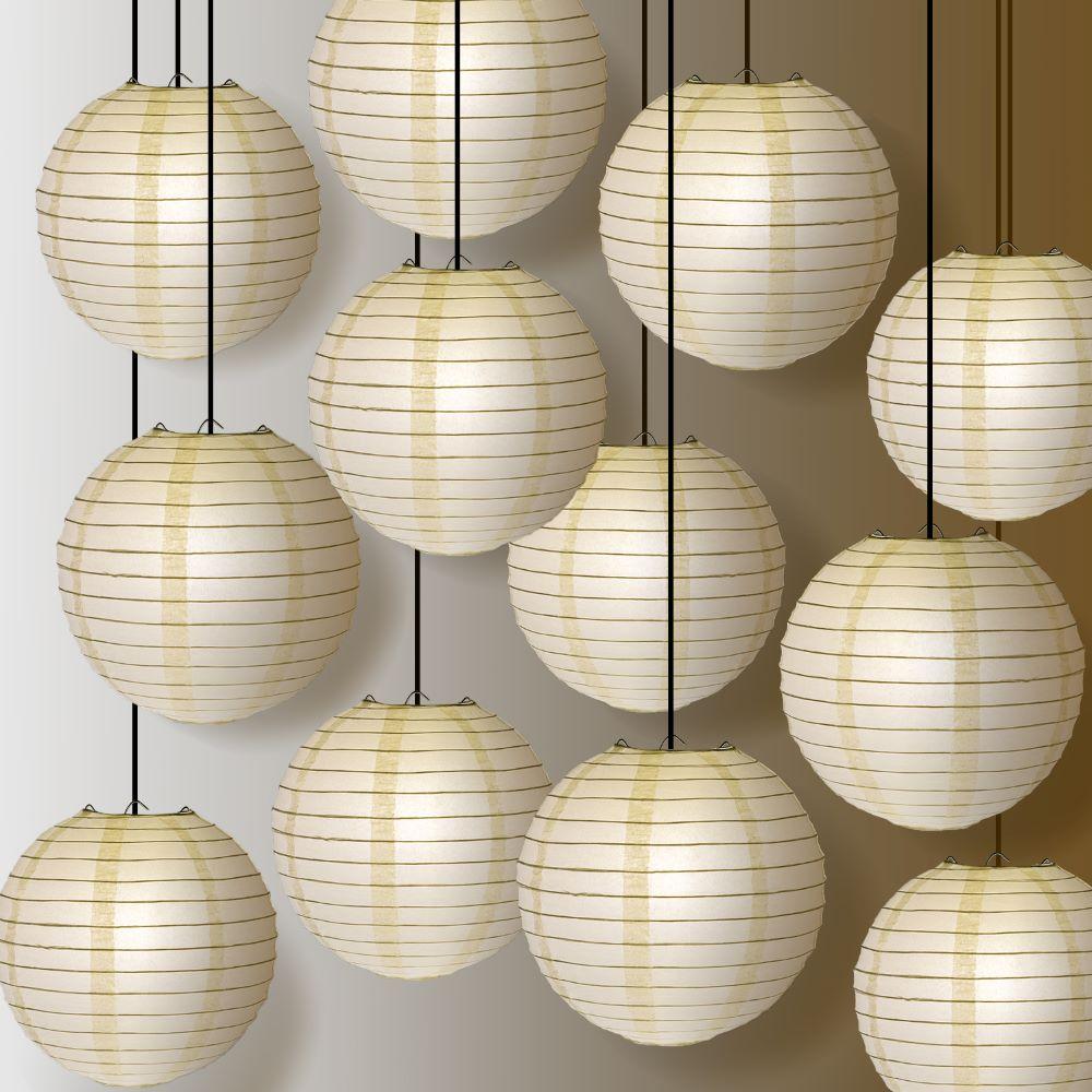 12 PACK | 12" Beige Even Ribbing Round Paper Lantern, Hanging Combo Set - AsianImportStore.com - B2B Wholesale Lighting & Decor since 2002