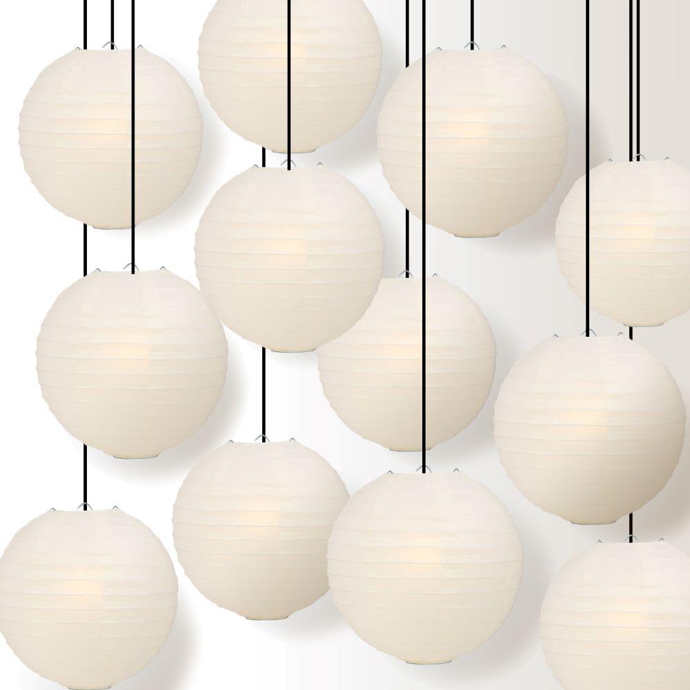 12 PACK | 12" Beige Even Ribbing Round Paper Lantern, Hanging Combo Set - AsianImportStore.com - B2B Wholesale Lighting & Decor since 2002