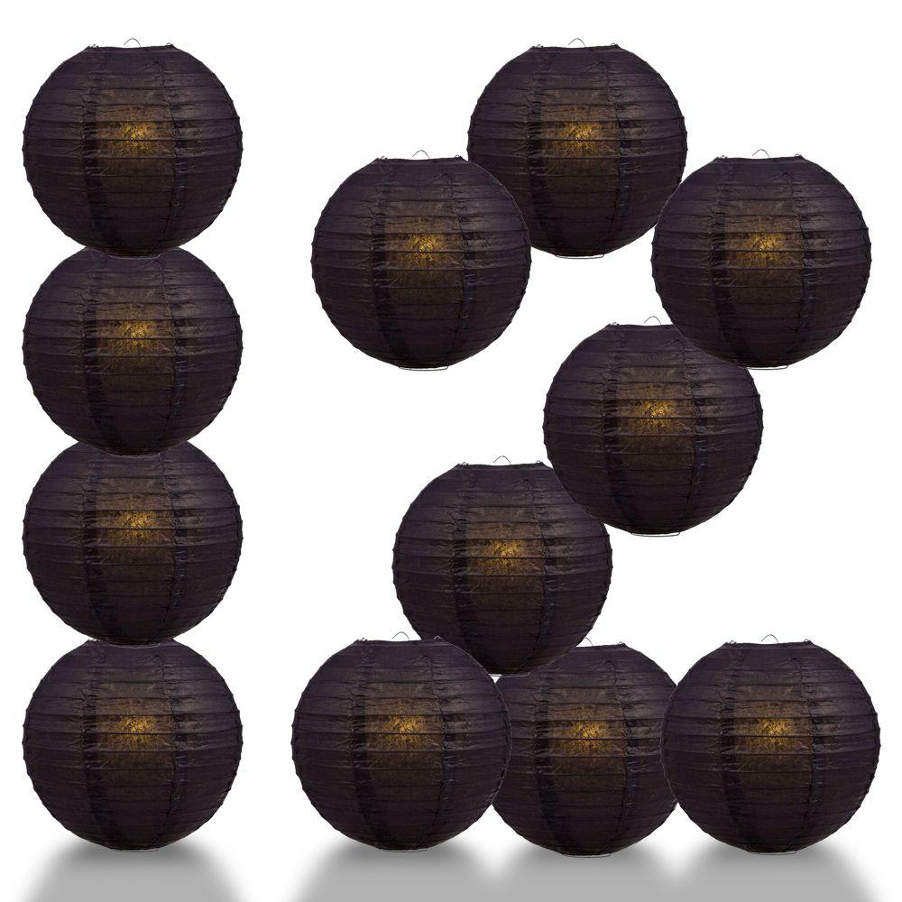 12 PACK | 12" Black Even Ribbing Round Paper Lantern, Hanging Combo Set - AsianImportStore.com - B2B Wholesale Lighting and Decor