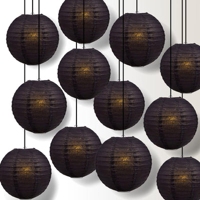 12 PACK | 12" Black Even Ribbing Round Paper Lantern, Hanging Combo Set - AsianImportStore.com - B2B Wholesale Lighting and Decor