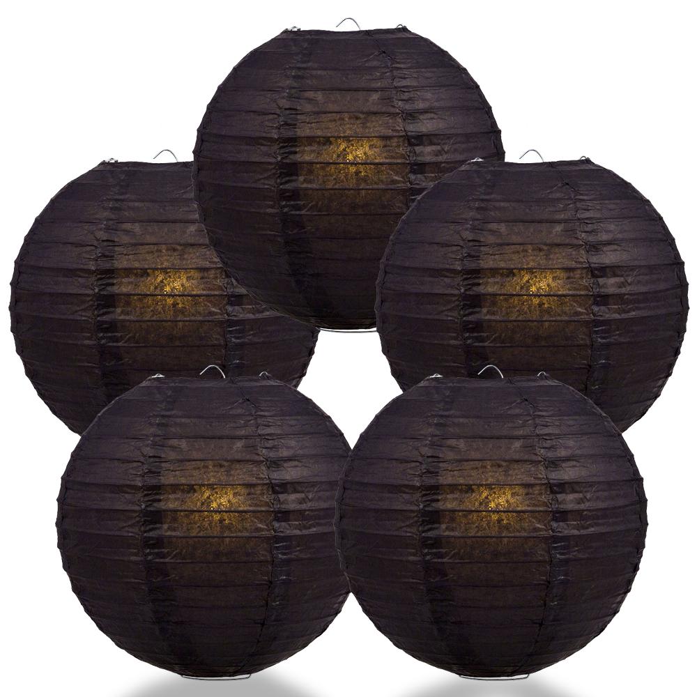 5 PACK | 12" Black Even Ribbing Round Paper Lanterns - AsianImportStore.com - B2B Wholesale Lighting and Decor