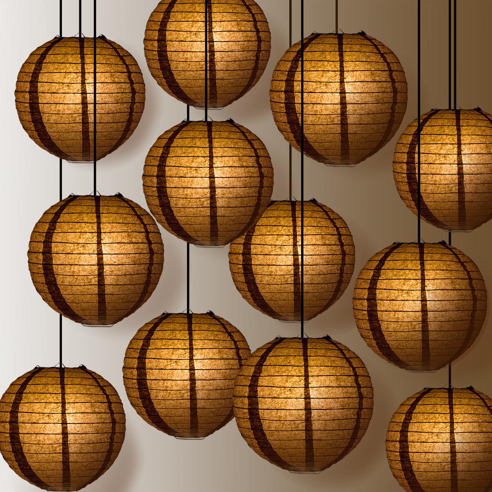 12 PACK | 12" Brown Even Ribbing Round Paper Lantern, Hanging Combo Set - AsianImportStore.com - B2B Wholesale Lighting and Decor