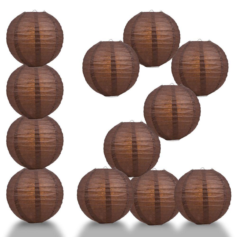 12 PACK | 12" Brown Even Ribbing Round Paper Lantern, Hanging Combo Set - AsianImportStore.com - B2B Wholesale Lighting and Decor