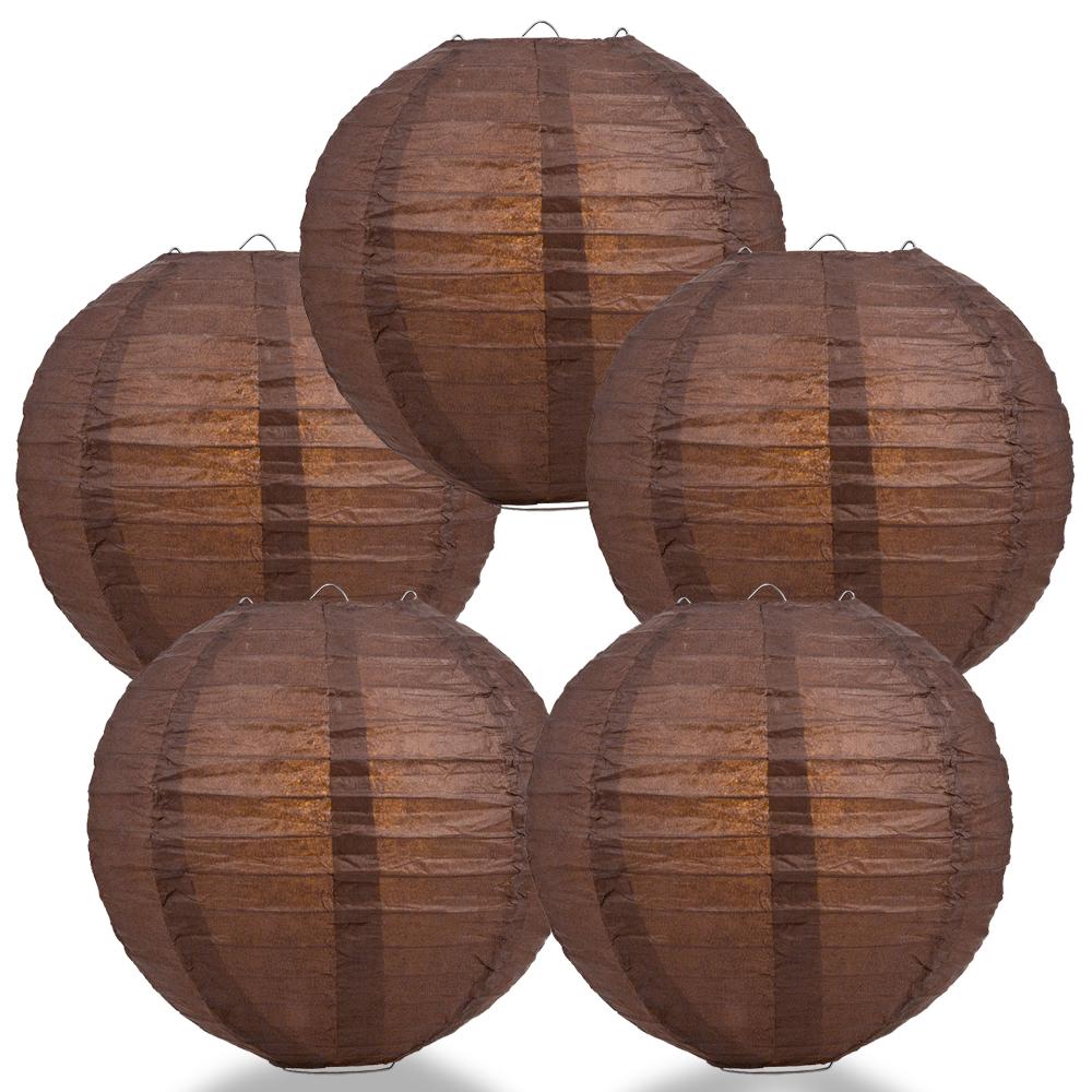 5 PACK | 12" Brown Even Ribbing Round Paper Lanterns - AsianImportStore.com - B2B Wholesale Lighting and Decor