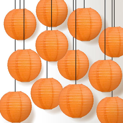 12 PACK | 12" Burnt Orange Even Ribbing Round Paper Lantern, Hanging Combo Set - AsianImportStore.com - B2B Wholesale Lighting and Decor