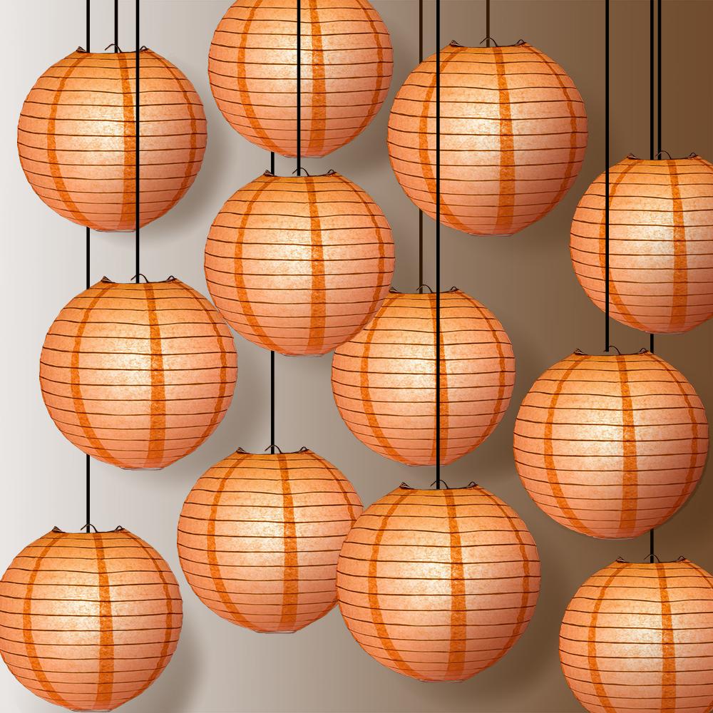 12 PACK | 12" Roseate / Pink Coral Even Ribbing Round Paper Lantern, Hanging Combo Set - AsianImportStore.com - B2B Wholesale Lighting and Decor
