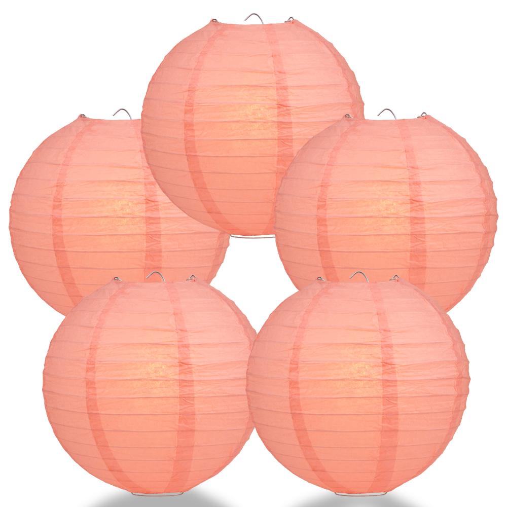 5 PACK | 12" Roseate / Pink Coral Even Ribbing Round Paper Lanterns - AsianImportStore.com - B2B Wholesale Lighting and Decor