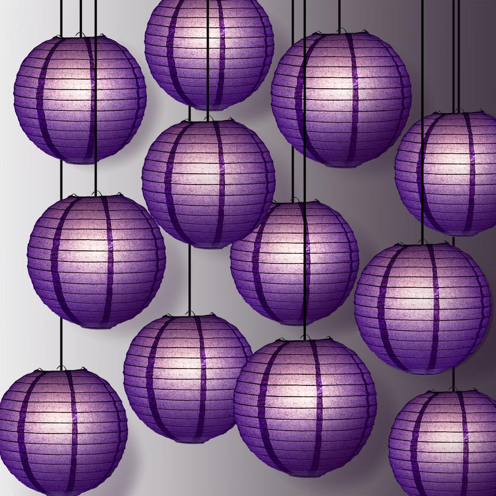 12 PACK | 12" Dark Purple Even Ribbing Round Paper Lantern, Hanging Combo Set - AsianImportStore.com - B2B Wholesale Lighting and Decor