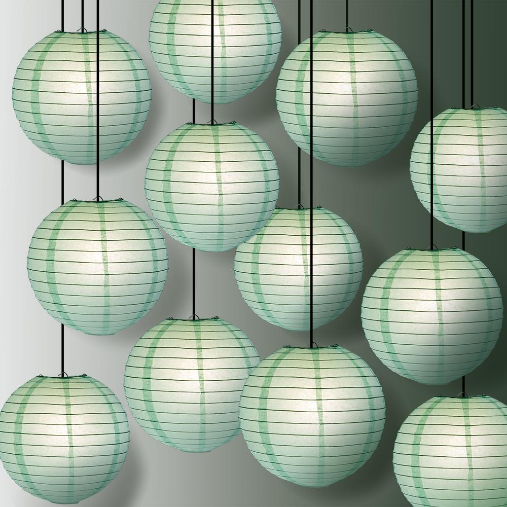 12 PACK | 12" Cool Mint Green Even Ribbing Round Paper Lantern, Hanging Combo Set - AsianImportStore.com - B2B Wholesale Lighting and Decor