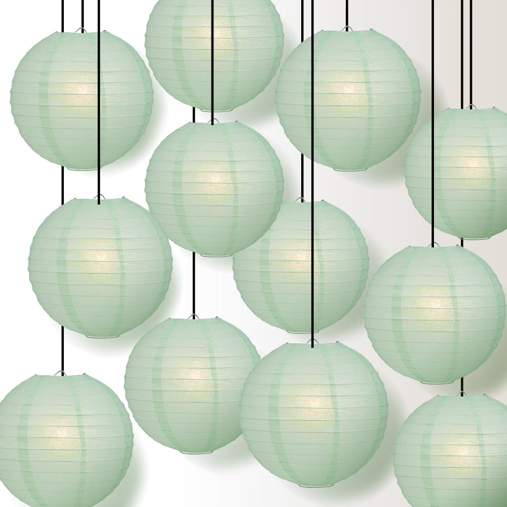 12 PACK | 12" Cool Mint Green Even Ribbing Round Paper Lantern, Hanging Combo Set - AsianImportStore.com - B2B Wholesale Lighting and Decor