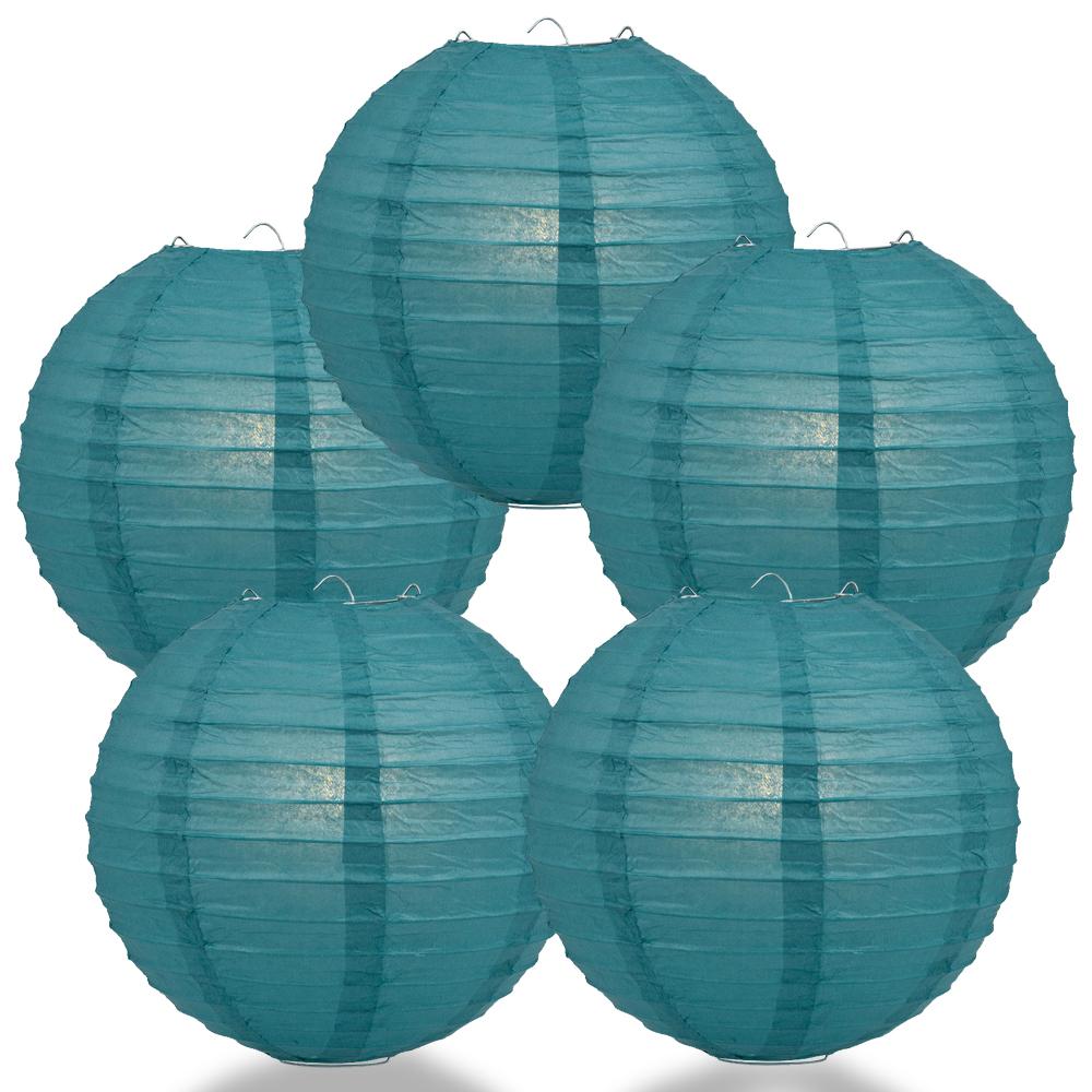 5 PACK | 12" Tahiti Teal Even Ribbing Round Paper Lanterns - AsianImportStore.com - B2B Wholesale Lighting and Decor