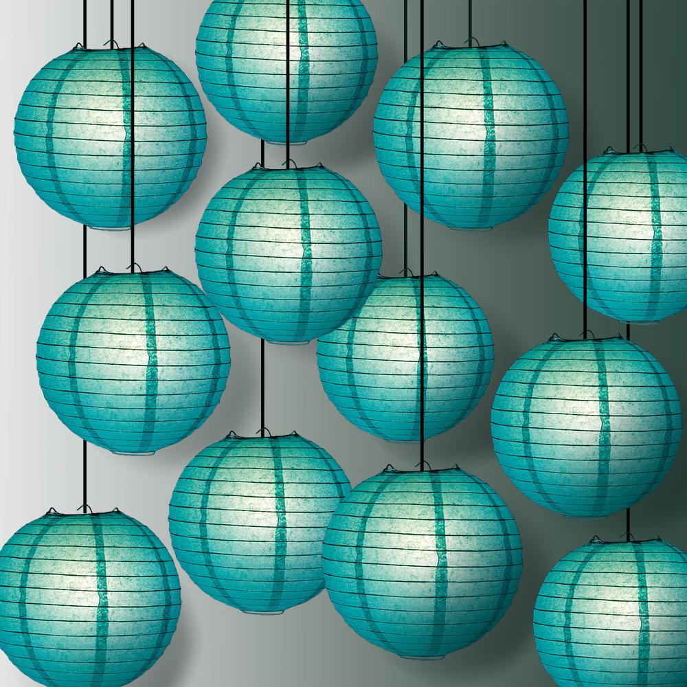 12 PACK | 12" Teal Green Even Ribbing Round Paper Lantern, Hanging Combo Set - AsianImportStore.com - B2B Wholesale Lighting and Decor