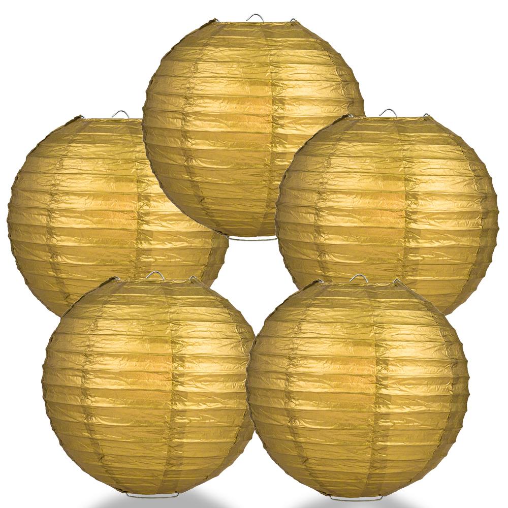 5 PACK | 12" Gold Even Ribbing Round Paper Lanterns - AsianImportStore.com - B2B Wholesale Lighting and Decor