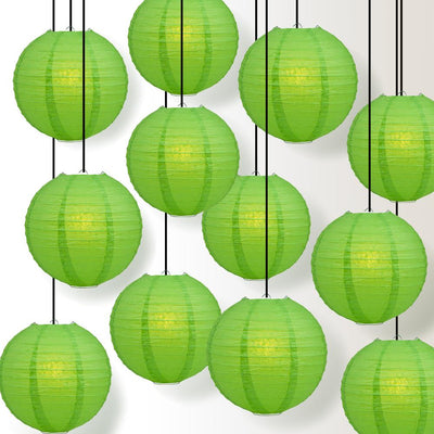12 PACK | 12" Grass Green Even Ribbing Round Paper Lantern, Hanging Combo Set - AsianImportStore.com - B2B Wholesale Lighting and Decor