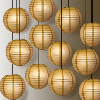 12 PACK | 12" Mocha /Light Brown Even Ribbing Round Paper Lantern, Hanging Combo Set - AsianImportStore.com - B2B Wholesale Lighting and Decor