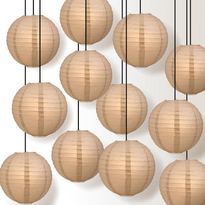 12 PACK | 12" Mocha /Light Brown Even Ribbing Round Paper Lantern, Hanging Combo Set - AsianImportStore.com - B2B Wholesale Lighting and Decor