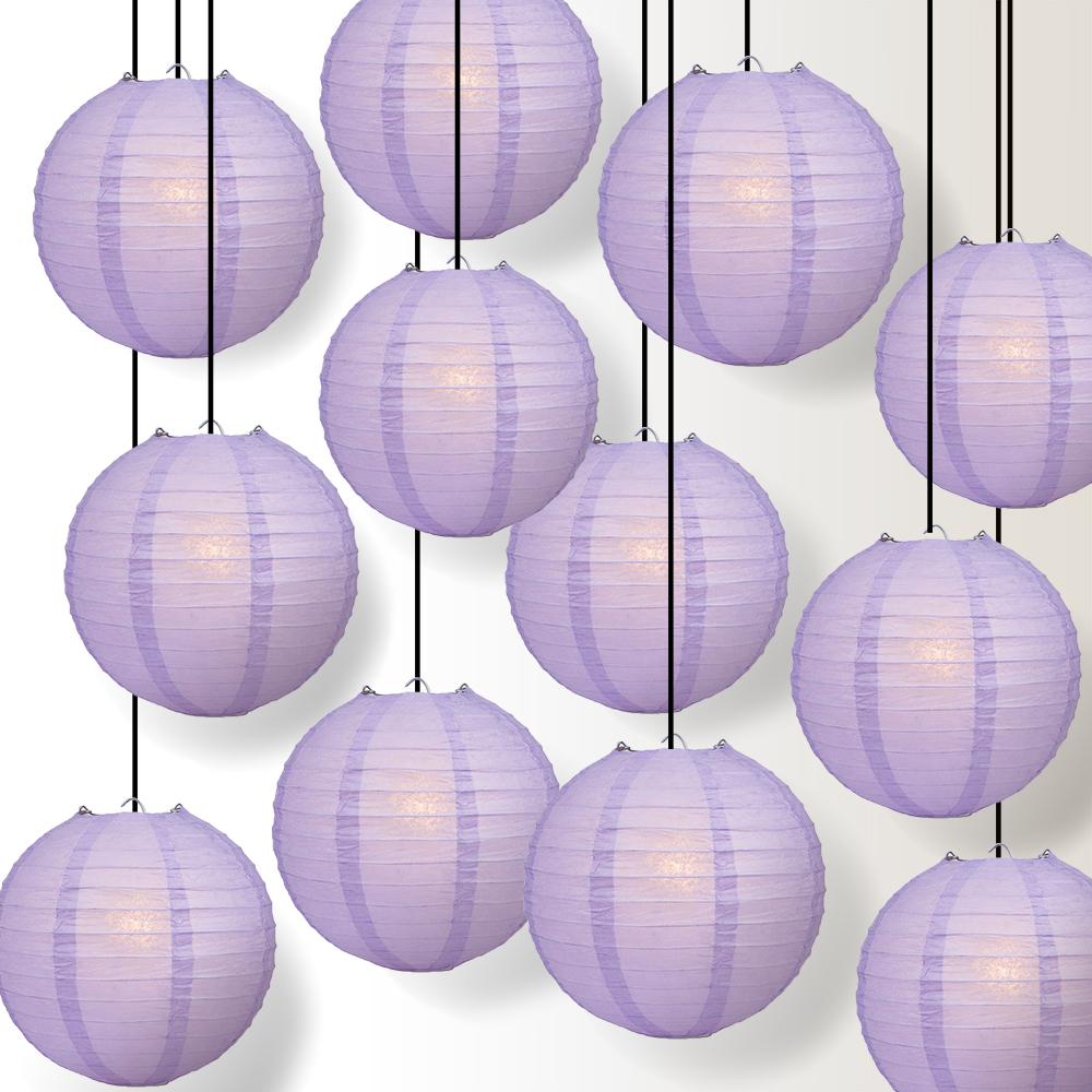 12 PACK | 12" Lavender Even Ribbing Round Paper Lantern, Hanging Combo Set - AsianImportStore.com - B2B Wholesale Lighting and Decor