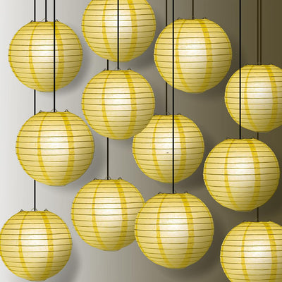 12 PACK | 12" Yellow Even Ribbing Round Paper Lantern, Hanging Combo Set - AsianImportStore.com - B2B Wholesale Lighting and Decor