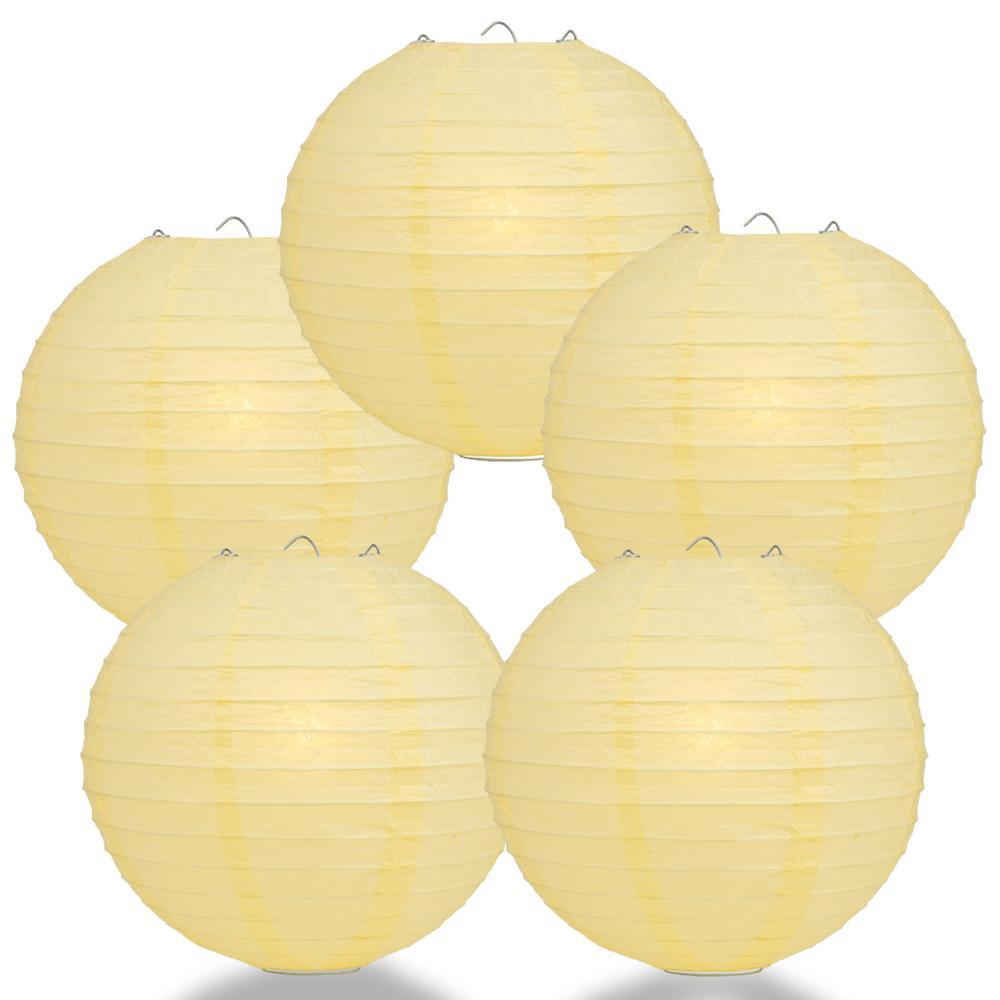 5 PACK | 12" Lemon Yellow Even Ribbing Round Paper Lanterns - AsianImportStore.com - B2B Wholesale Lighting and Decor