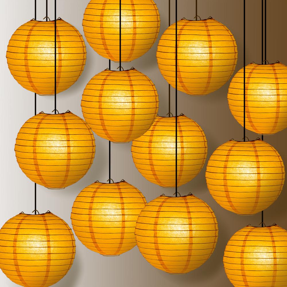 12 PACK | 12" Orange Even Ribbing Round Paper Lantern, Hanging Combo Set - AsianImportStore.com - B2B Wholesale Lighting and Decor