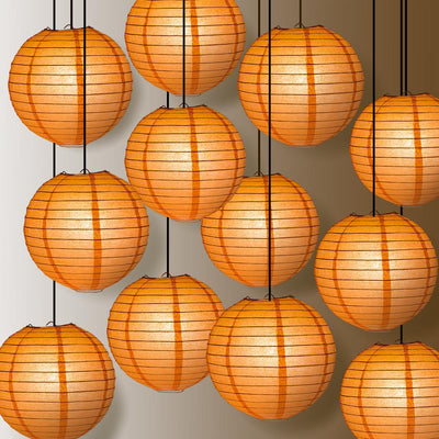 12 PACK | 12" Peach / Orange Coral Even Ribbing Round Paper Lantern, Hanging Combo Set - AsianImportStore.com - B2B Wholesale Lighting and Decor