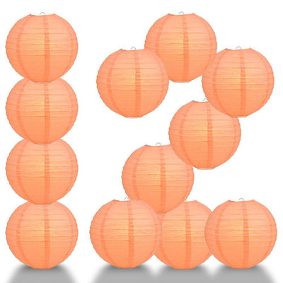 12 PACK | 12" Peach / Orange Coral Even Ribbing Round Paper Lantern, Hanging Combo Set - AsianImportStore.com - B2B Wholesale Lighting and Decor