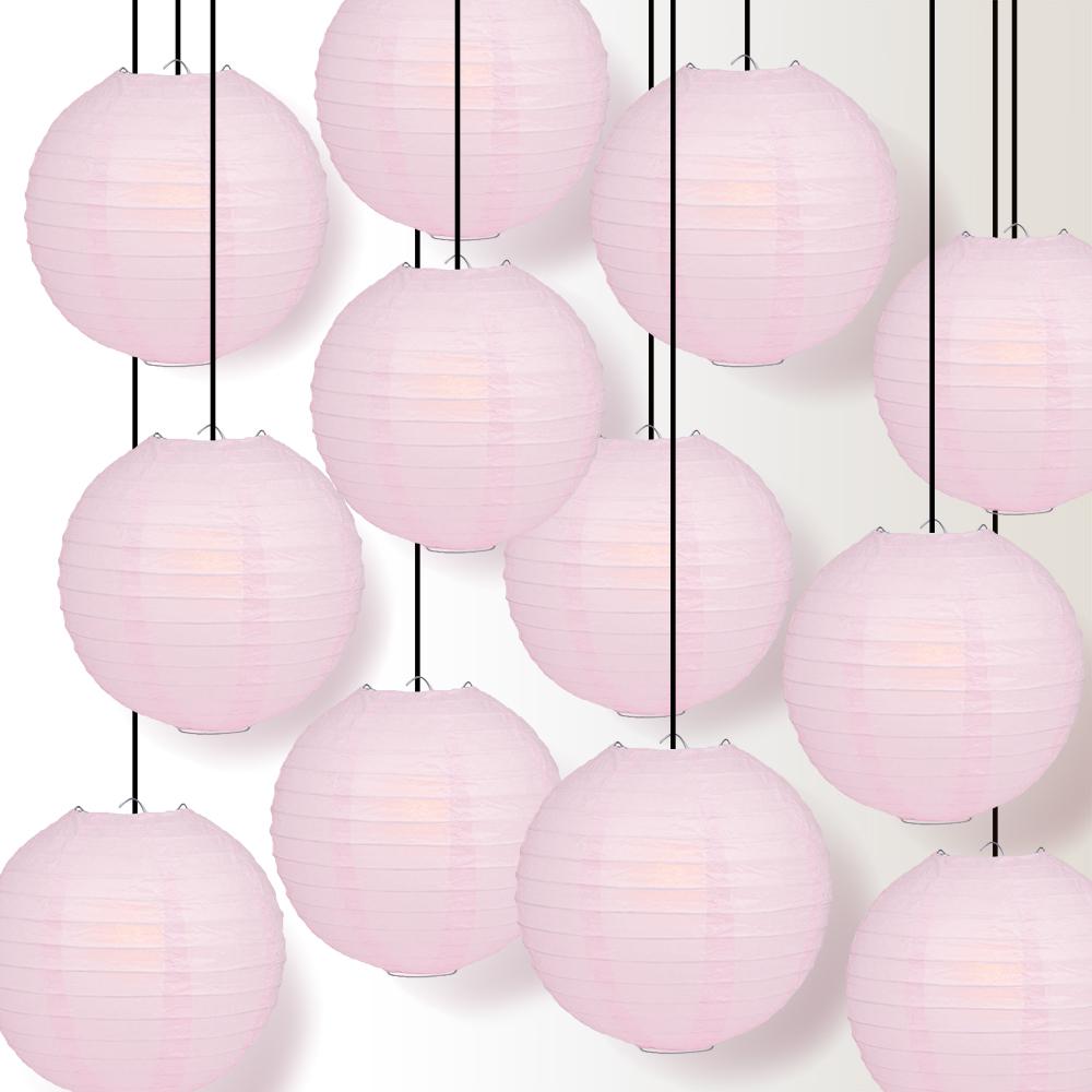 12 PACK | 12" Pink Even Ribbing Round Paper Lantern, Hanging Combo Set - AsianImportStore.com - B2B Wholesale Lighting and Decor
