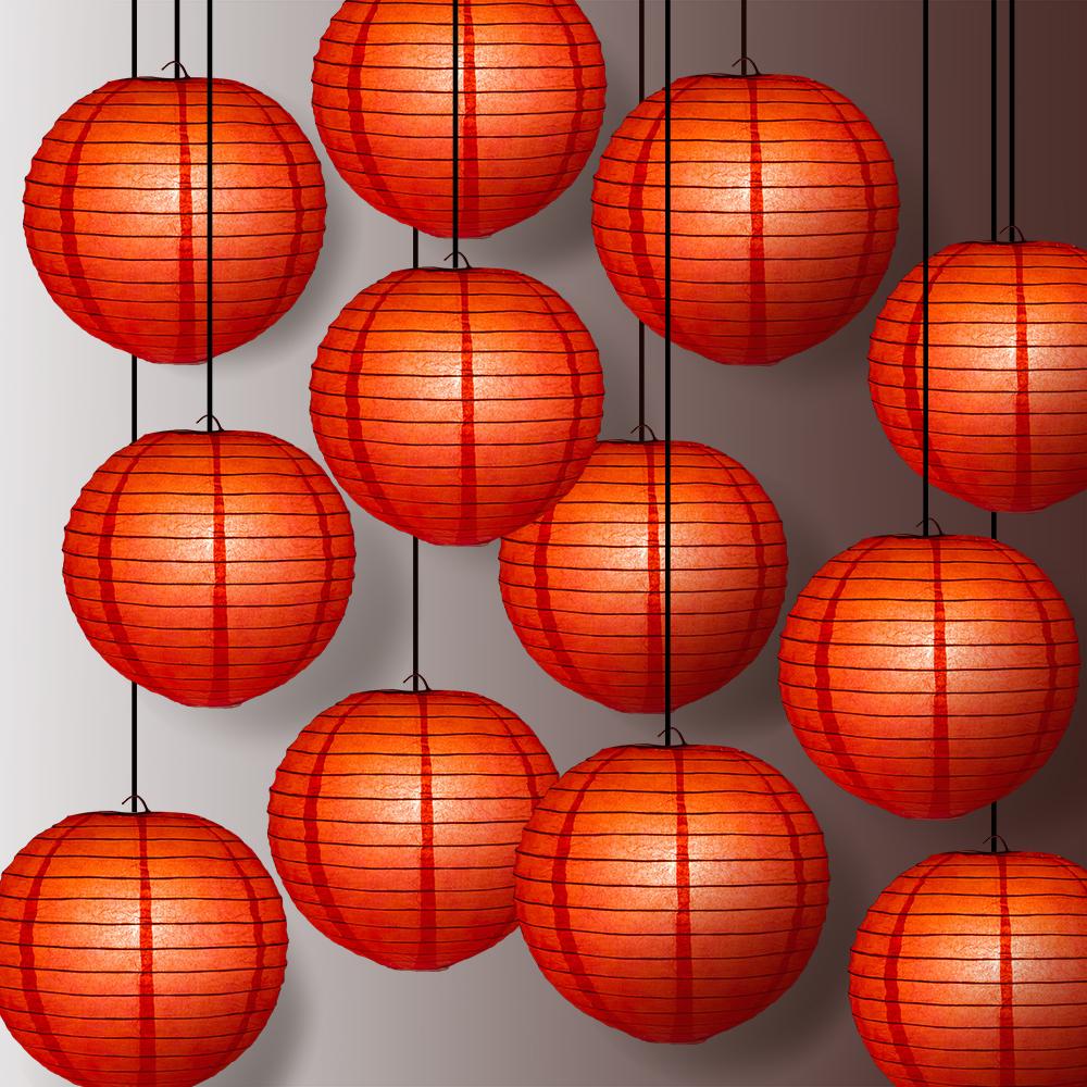 12 PACK | 12" Red Even Ribbing Round Paper Lantern, Hanging Combo Set - AsianImportStore.com - B2B Wholesale Lighting & Decor since 2002