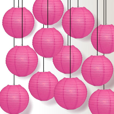 12 PACK | 12" Fuchsia / Hot Pink Even Ribbing Round Paper Lantern, Hanging Combo Set - AsianImportStore.com - B2B Wholesale Lighting and Decor