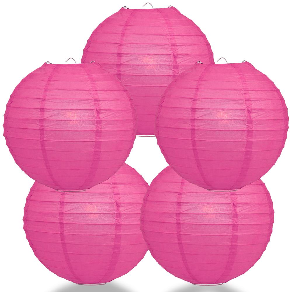 5 PACK | 12" Fuchsia / Hot Pink Even Ribbing Round Paper Lanterns - AsianImportStore.com - B2B Wholesale Lighting and Decor