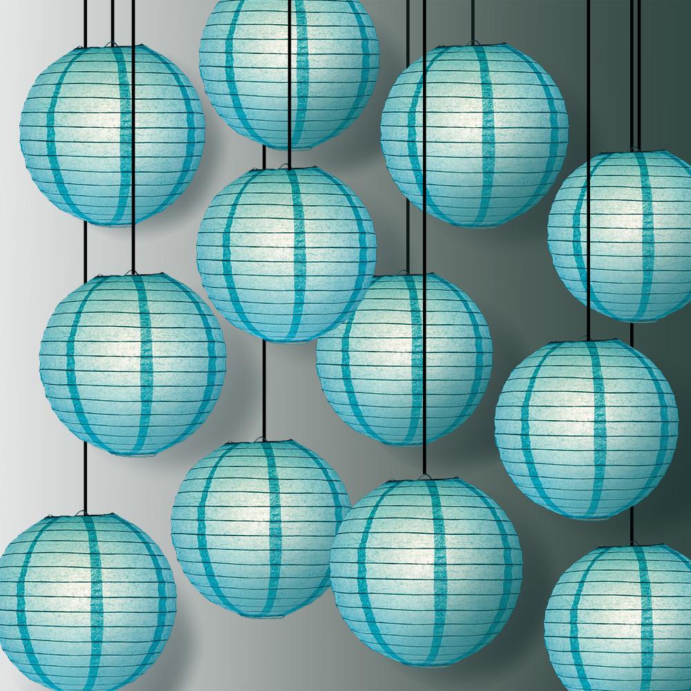 12 PACK | 12" Water Blue Even Ribbing Round Paper Lantern, Hanging Combo Set - AsianImportStore.com - B2B Wholesale Lighting and Decor