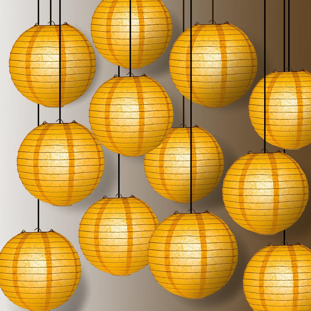 12 PACK | 12" Papaya Even Ribbing Round Paper Lantern, Hanging Combo Set - AsianImportStore.com - B2B Wholesale Lighting and Decor