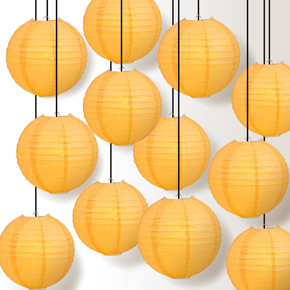 12 PACK | 12" Papaya Even Ribbing Round Paper Lantern, Hanging Combo Set - AsianImportStore.com - B2B Wholesale Lighting and Decor